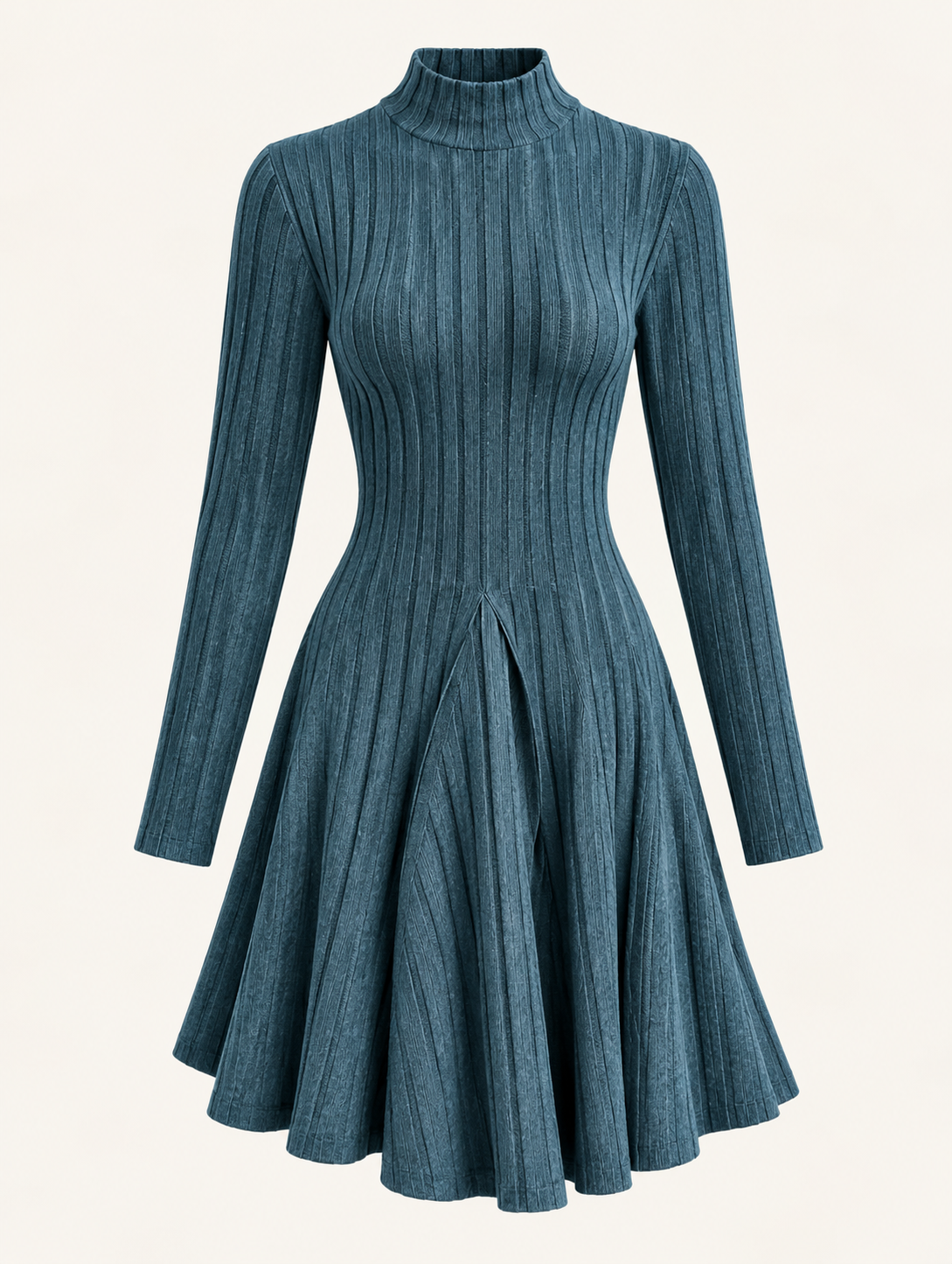 Vestido Acanalado de Cuello Alto y Manga Larga para Mujer