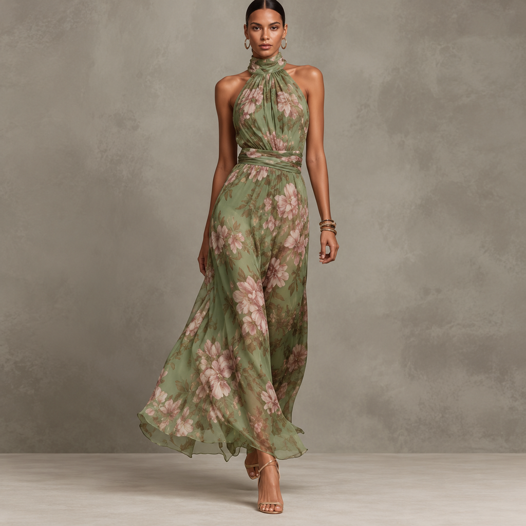 Jimena | Vestido Largo Halter con Estampado Floral