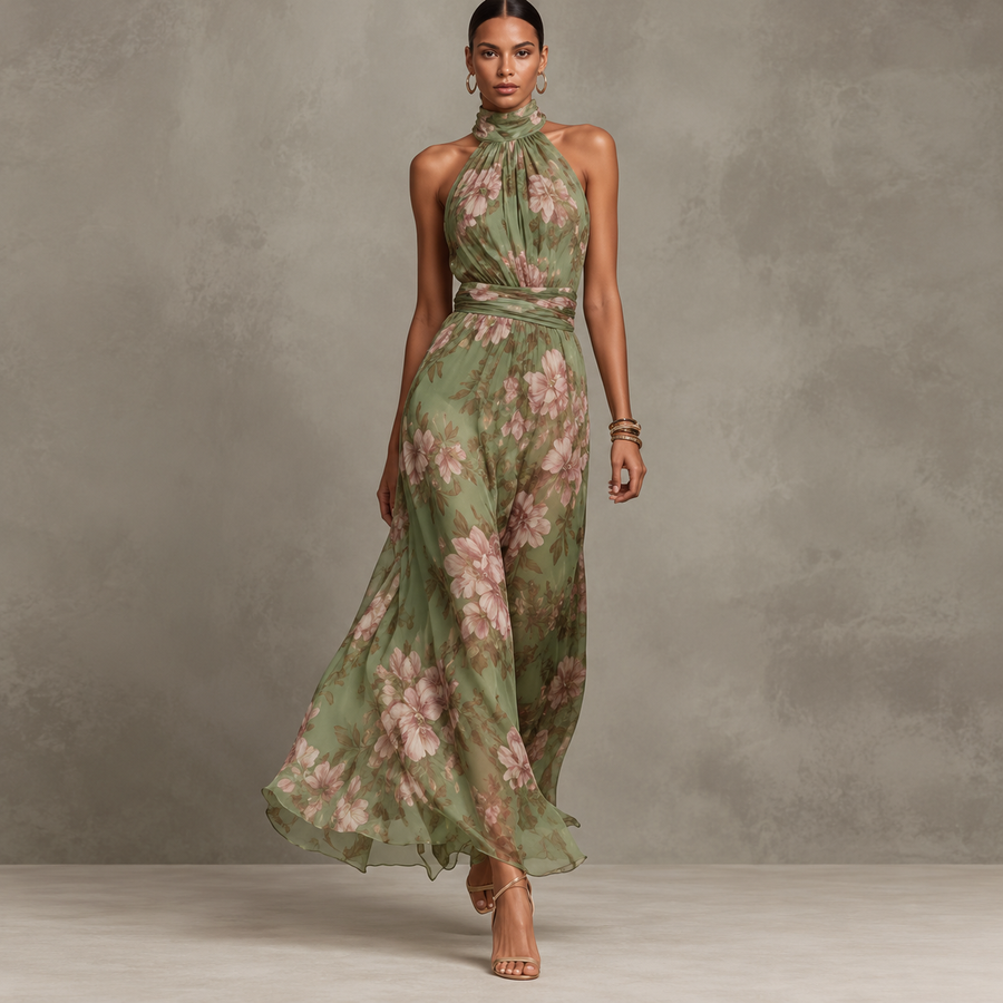 Jimena | Vestido Largo Halter con Estampado Floral