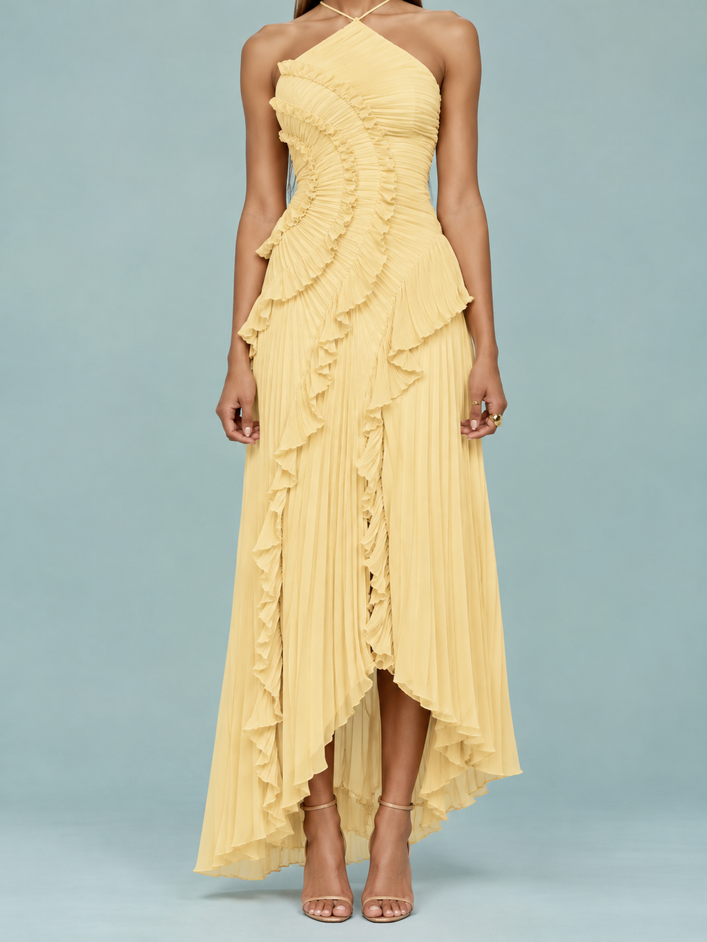 Ainhoa | Vestido Largo Halter con Volantes y Espalda Descubierta
