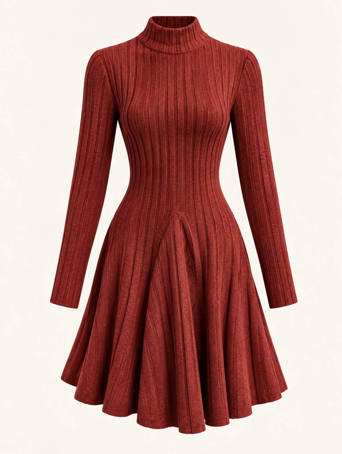 Vestido Acanalado de Cuello Alto y Manga Larga para Mujer