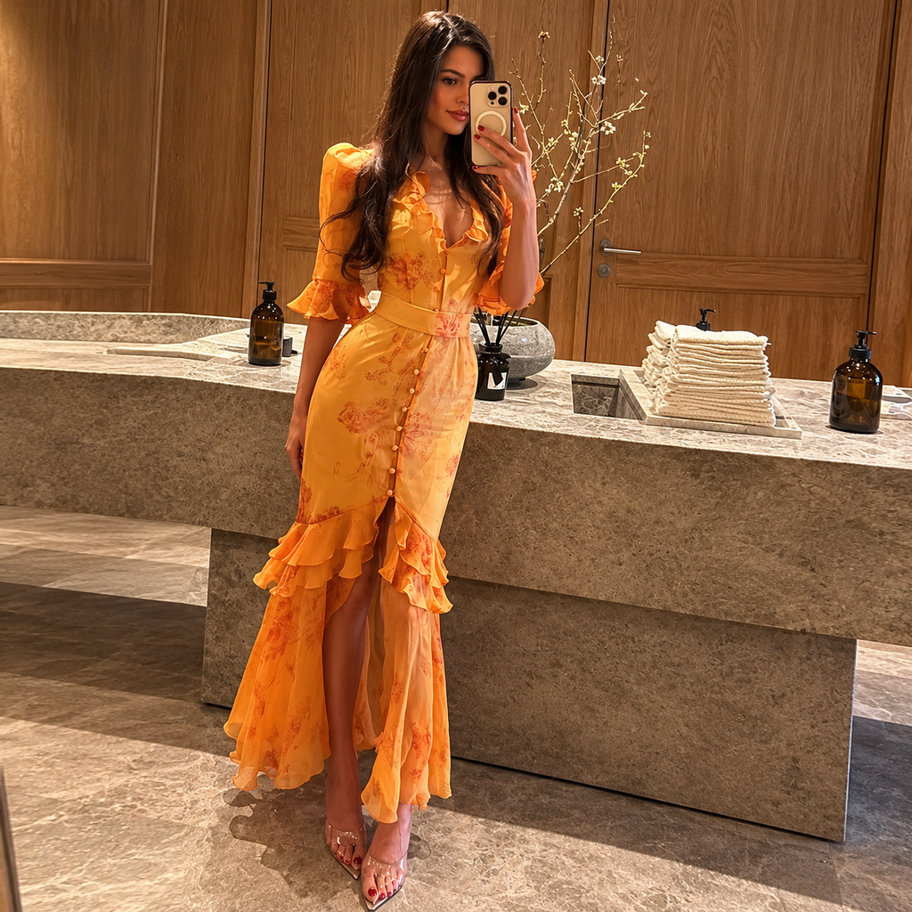 Rocío | Vestido Largo Abotonado Volantes