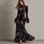 Victoria | Vestido Largo de Terciopelo Floral con Puños de Encaje