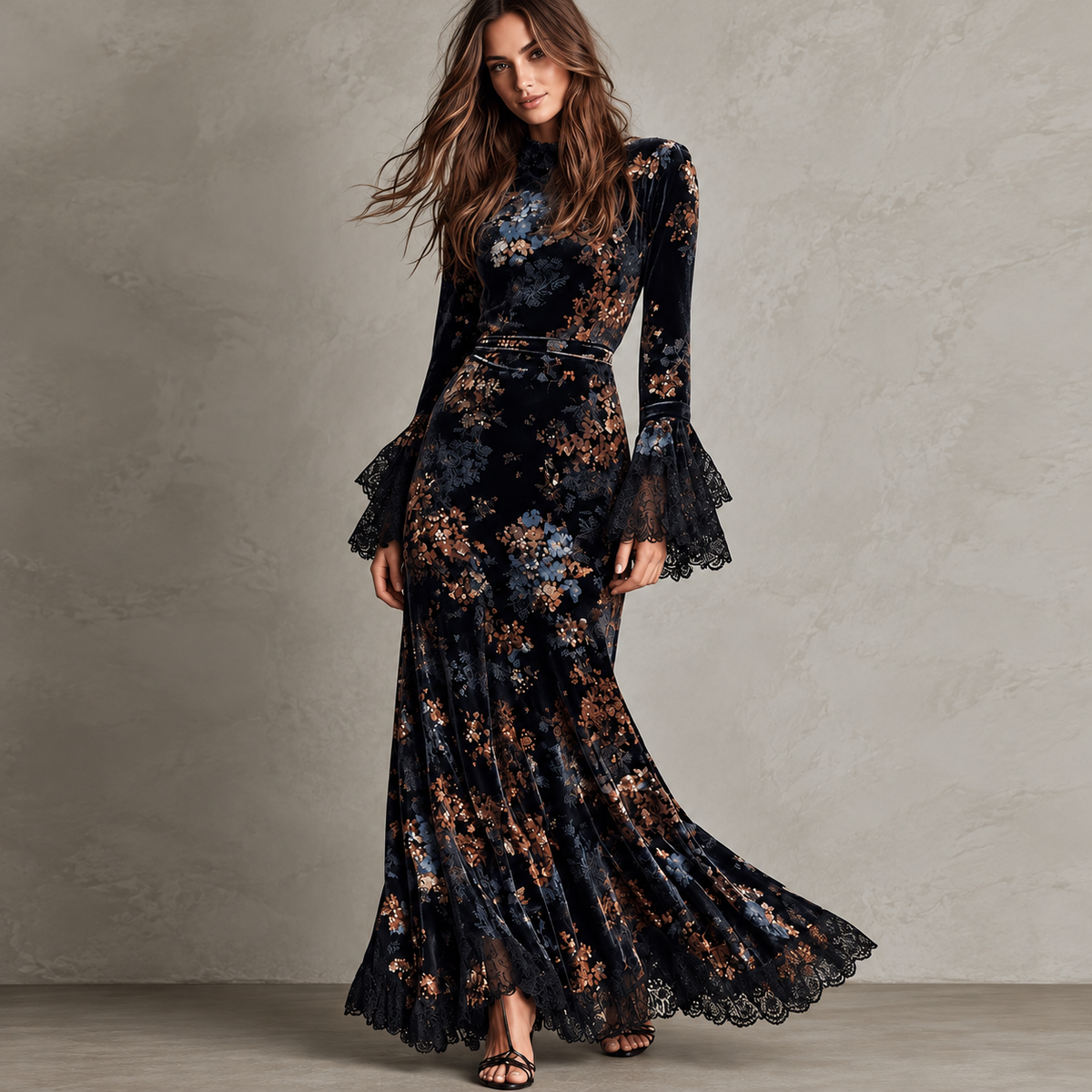 Victoria | Vestido Largo de Terciopelo Floral con Puños de Encaje