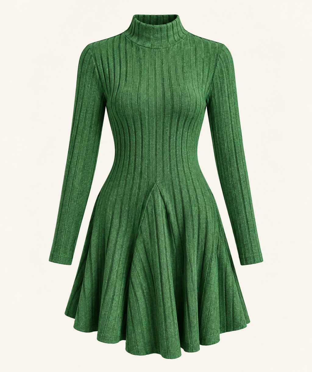 Vestido Acanalado de Cuello Alto y Manga Larga para Mujer