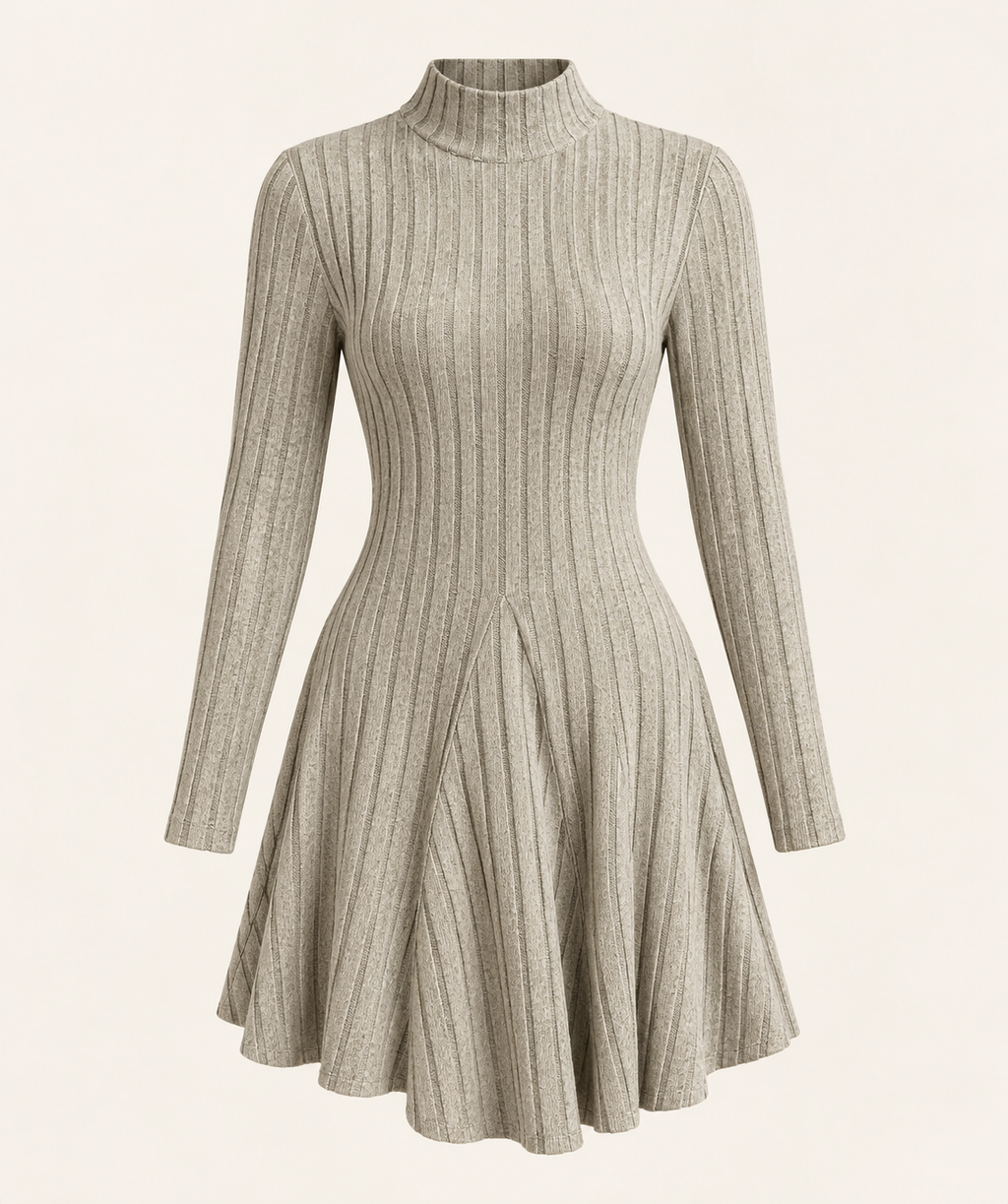 Vestido Acanalado de Cuello Alto y Manga Larga para Mujer