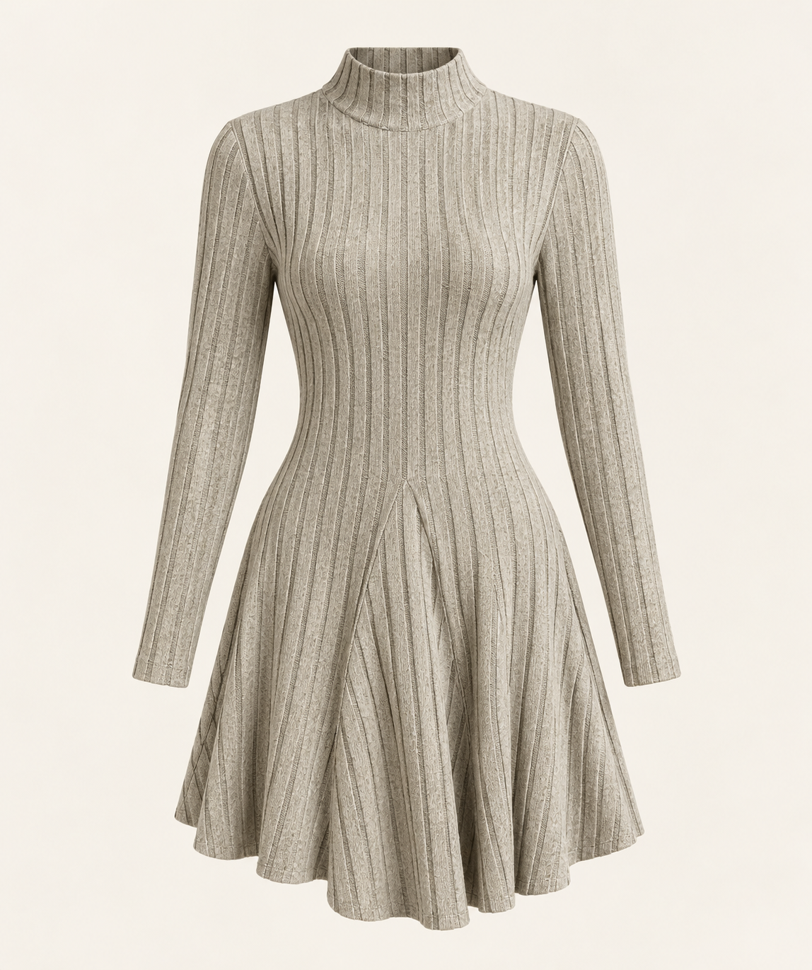 Vestido Acanalado de Cuello Alto y Manga Larga para Mujer