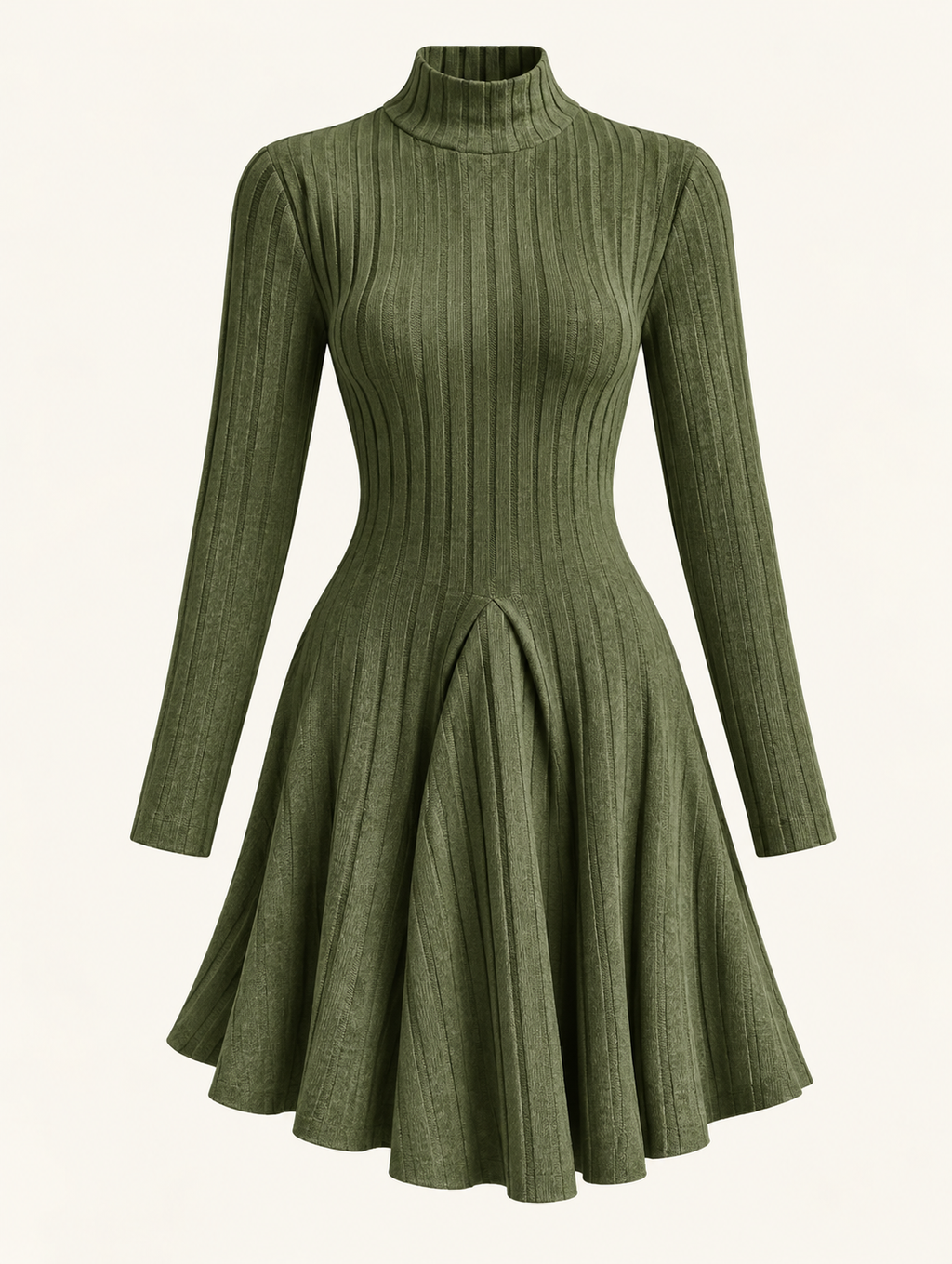 Vestido Acanalado de Cuello Alto y Manga Larga para Mujer