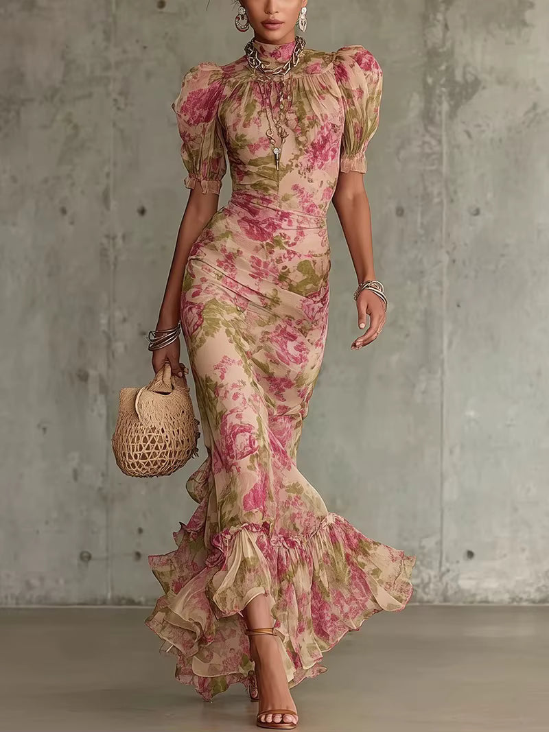 Celia | Vestido Largo Sirena Floral con Mangas Abullonadas