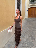 Mía | Vestido Largo Halter con Flecos y Espalda Descubierta
