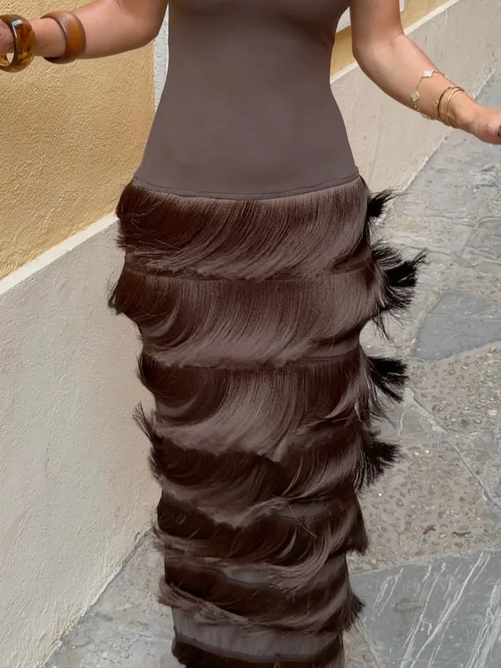 Mía | Vestido Largo Halter con Flecos y Espalda Descubierta