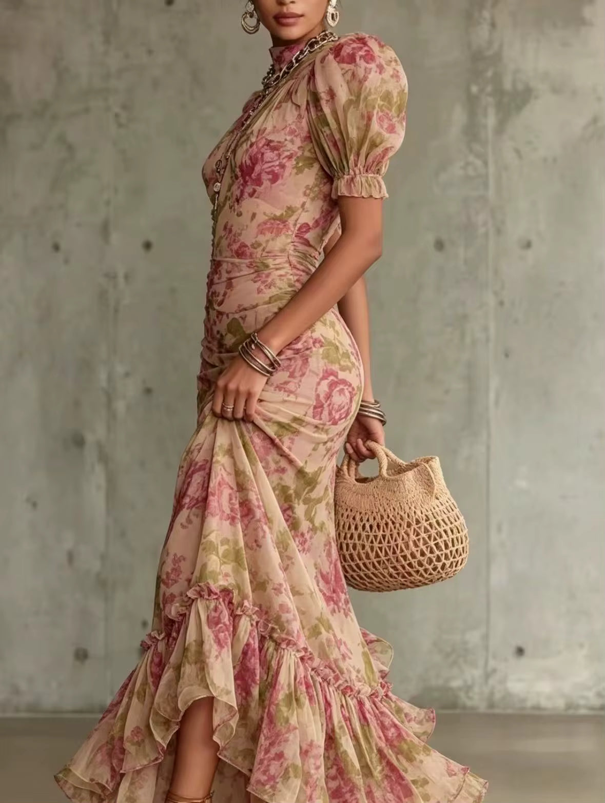 Celia | Vestido Largo Sirena Floral con Mangas Abullonadas