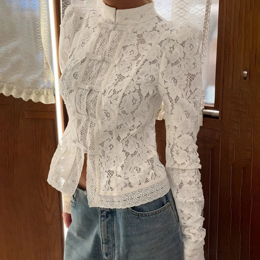 Valeria | Blusa de Encaje con Hombros Abullonados