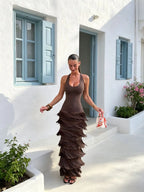 Mía | Vestido Largo Halter con Flecos y Espalda Descubierta