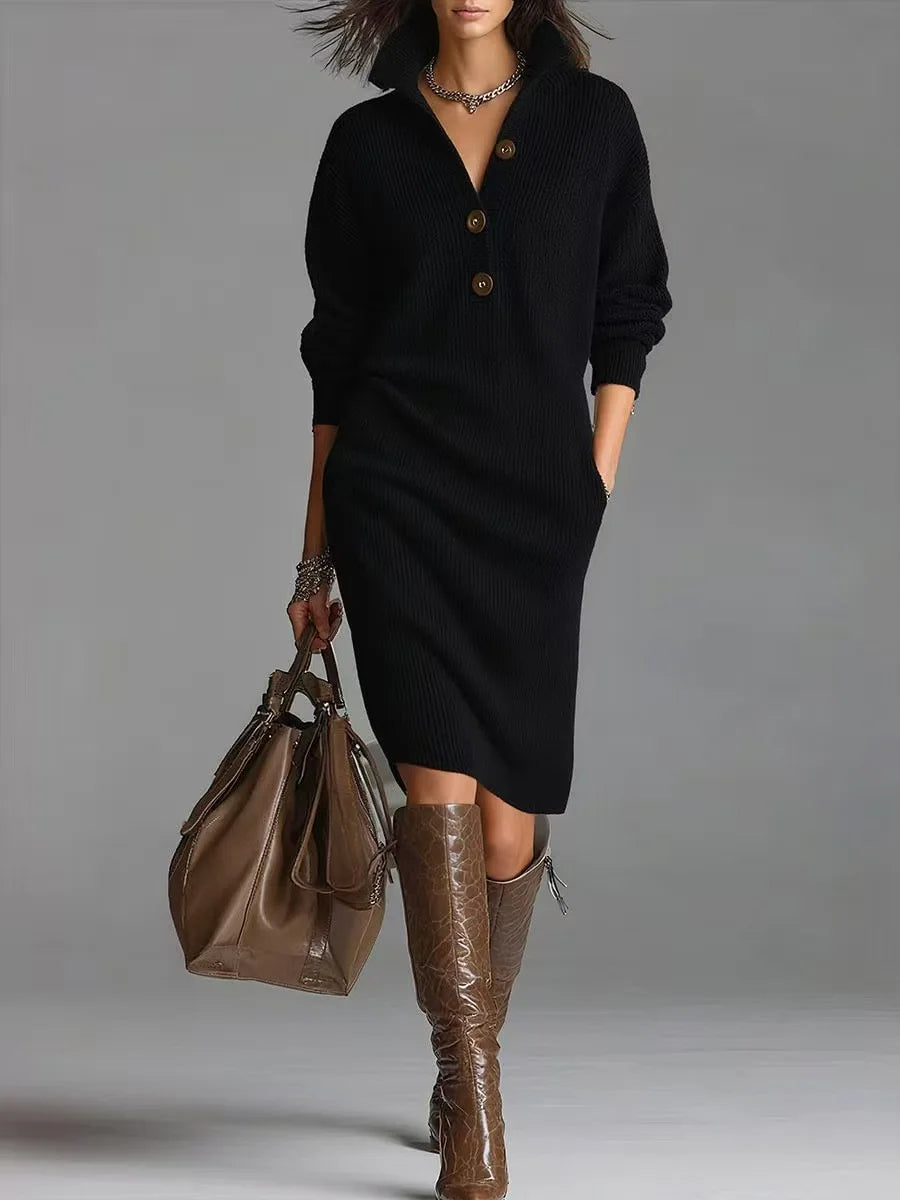 Aitana | Vestido Midi de Punto con Cuello Alto y Botones