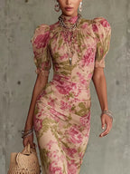Celia | Vestido Largo Sirena Floral con Mangas Abullonadas