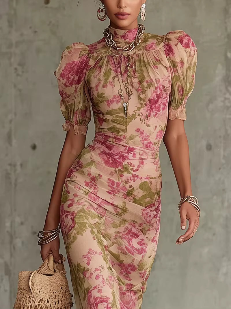 Celia | Vestido Largo Sirena Floral con Mangas Abullonadas