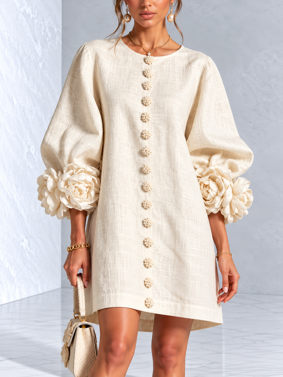 Lucía | Vestido Corto Efecto Lino con Mangas Abullonadas