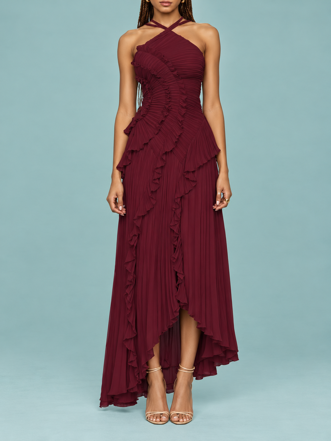 Ainhoa | Vestido Largo Halter con Volantes y Espalda Descubierta