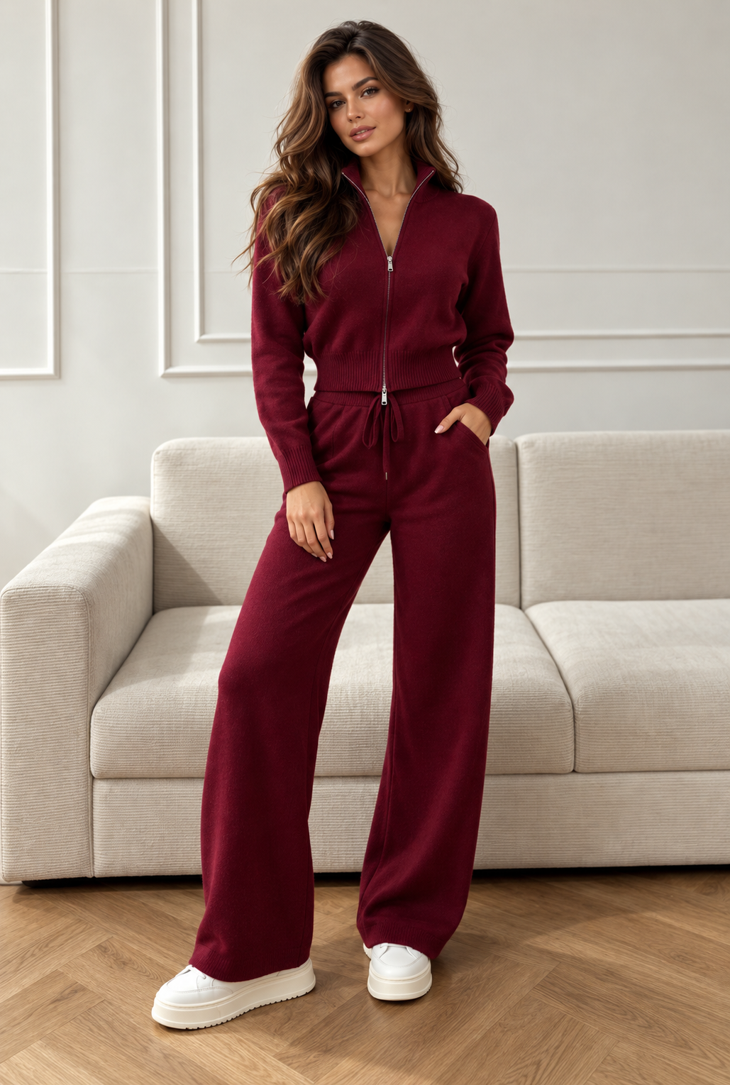 Conjunto de Punto con Cremallera y Pantalón Ancho para Mujer