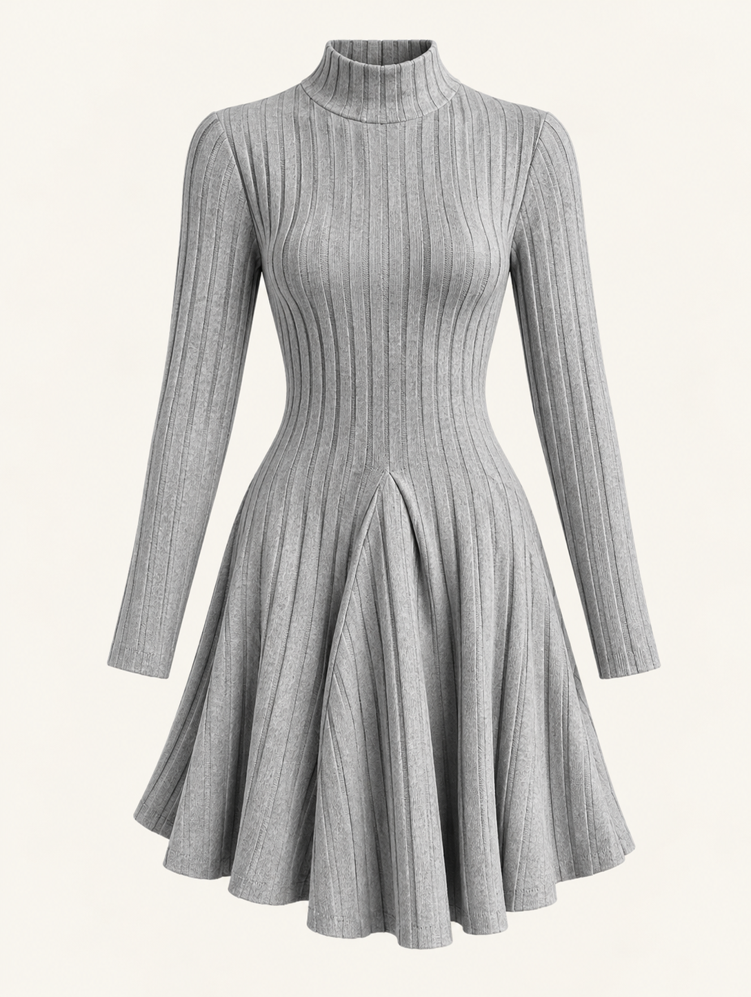 Vestido Acanalado de Cuello Alto y Manga Larga para Mujer