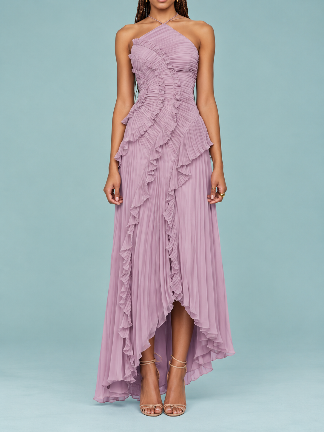 Ainhoa | Vestido Largo Halter con Volantes y Espalda Descubierta