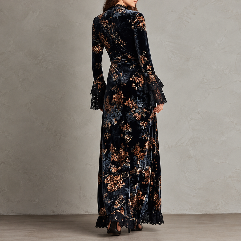 Victoria | Vestido Largo de Terciopelo Floral con Puños de Encaje