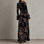 Victoria | Vestido Largo de Terciopelo Floral con Puños de Encaje