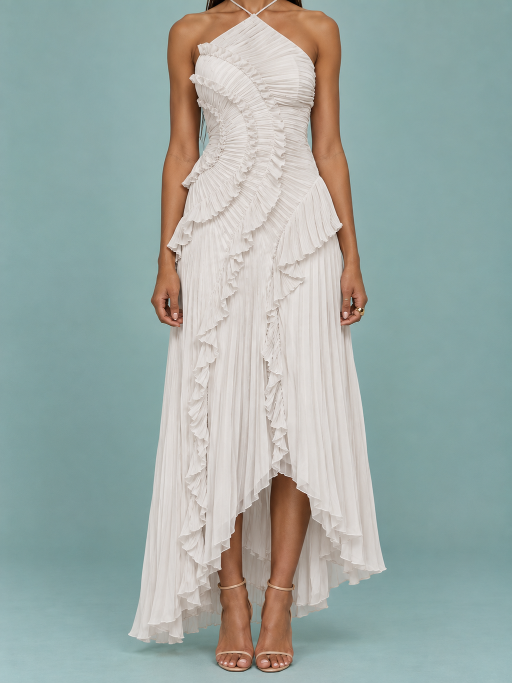 Ainhoa | Vestido Largo Halter con Volantes y Espalda Descubierta