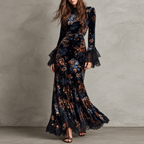Victoria | Vestido Largo de Terciopelo Floral con Puños de Encaje