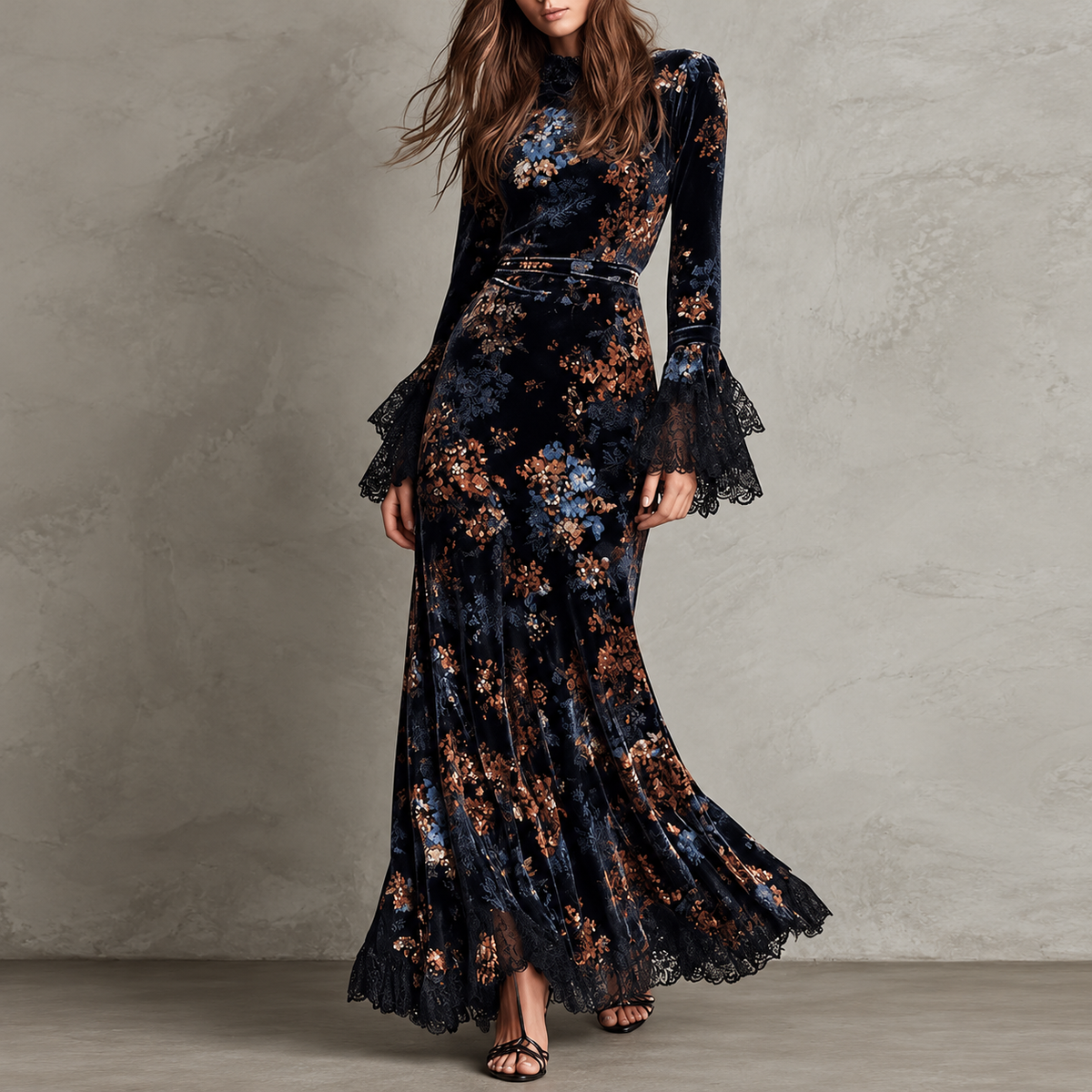 Victoria | Vestido Largo de Terciopelo Floral con Puños de Encaje
