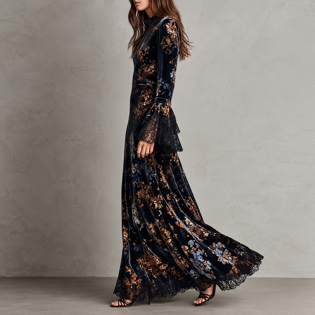 Victoria | Vestido Largo de Terciopelo Floral con Puños de Encaje