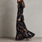 Victoria | Vestido Largo de Terciopelo Floral con Puños de Encaje