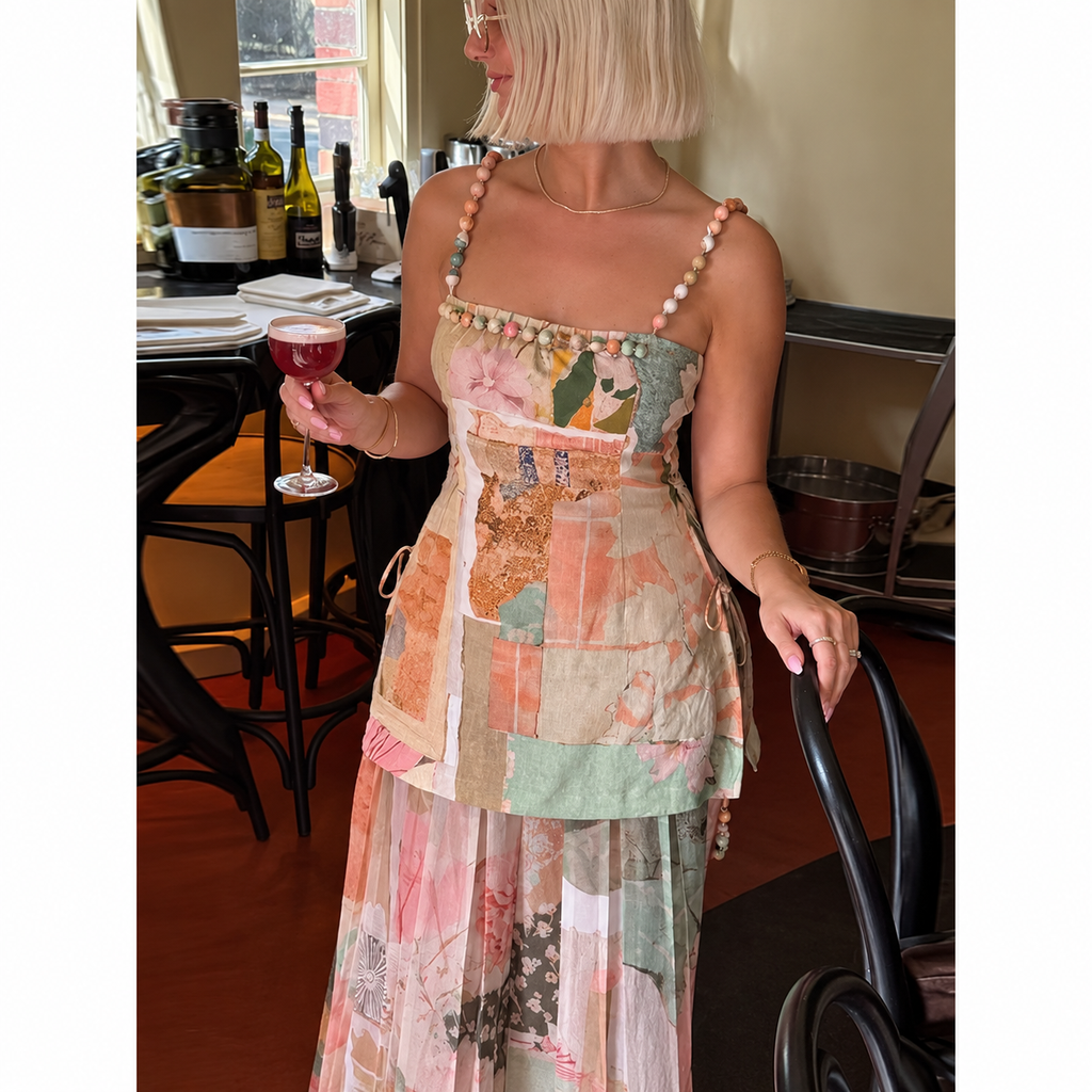 Noelia | Vestido Largo Plisado con Estampado Patchwork